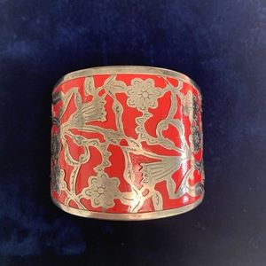 Fire Red Enamel Cuff w/Silver Floral Overlay